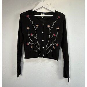 Cousin Johnny Womens Black Embroidered Floral Button Cardigan Sweater Medium New